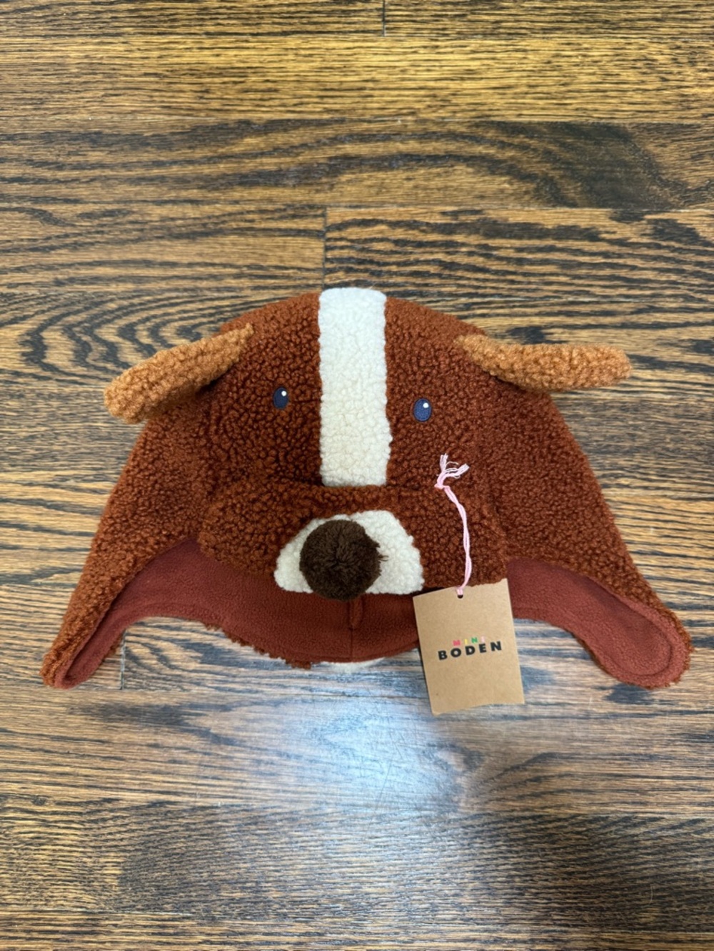 NWT! Mini Boden size 2-4Y Brown Fleece-Lined Dog Trapper Hat for Kids